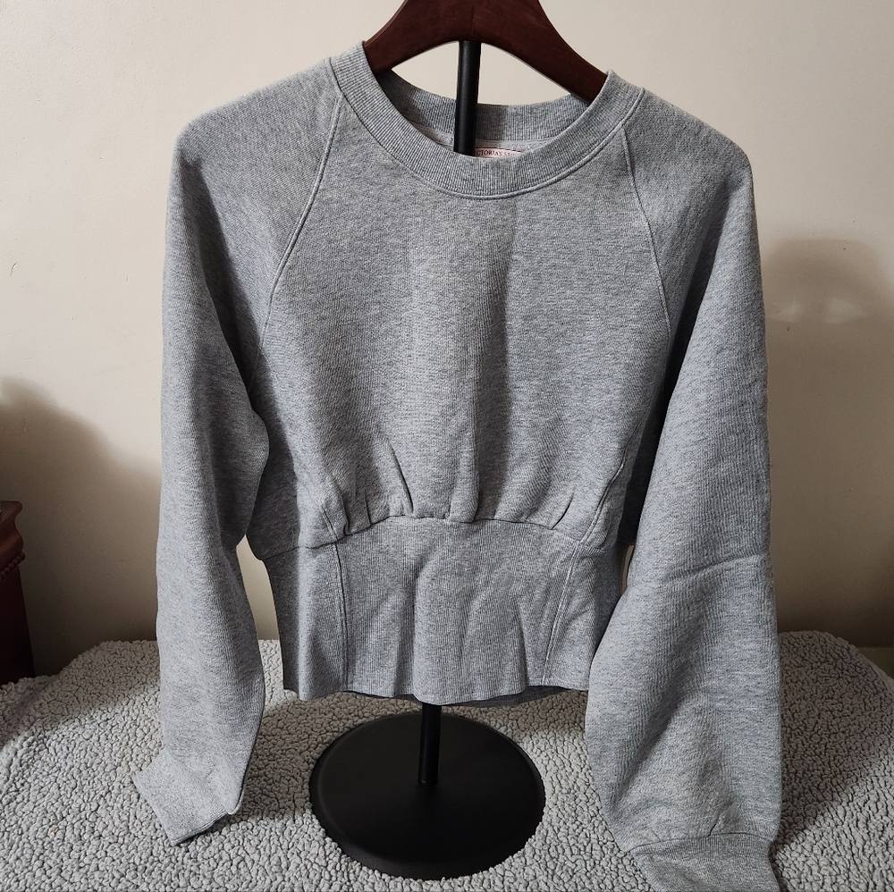 Victoria's Secret Gray Crew Neck Sweater with Cinched Waist and Long Sleeves